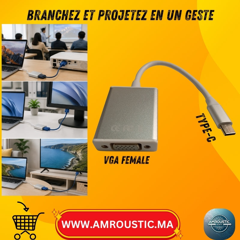Adaptateur USB-C vers VGA Femelle – Écran, Moniteur et Projecteur