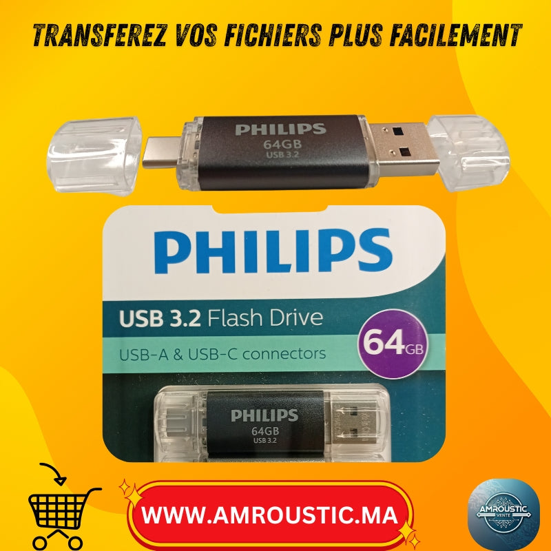 Clé USB Philips 64 Go USB 3.2 Double Connecteur USB-A + USB-C – 1 Pièce