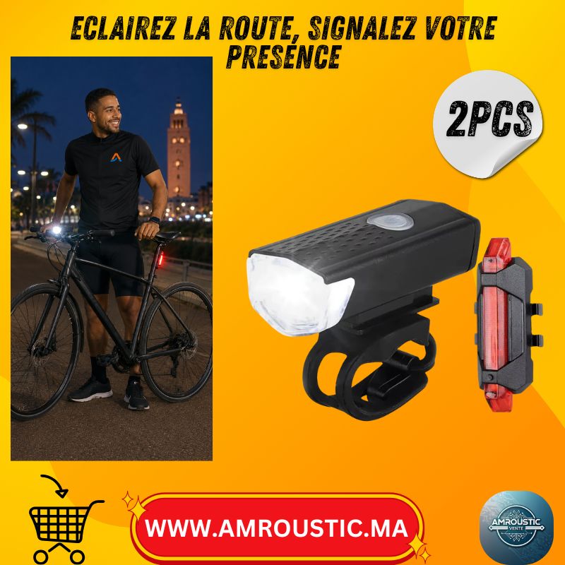 Kit Feux Vélo Rechargeables USB LP-690 – Phare Avant 300 Lumens + Feu Arrière