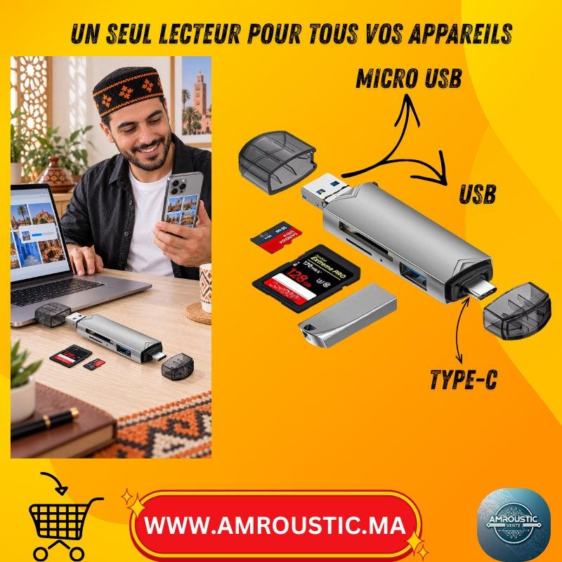 Lecteur de cartes 6 en 1 USB 3.0, Type-C et Micro USB – Adaptateur OTG SD, TF et USB