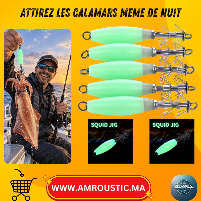 Leurres Lumineux Squid Jig – Lot de 5, 10 cm, 15 g avec Hameçons