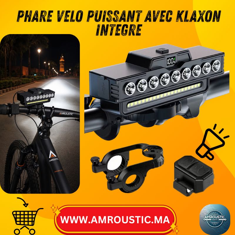 Phare de Vélo Ultra Lumineux 9 LED USB Rechargeable avec Klaxon et Télécommande Filaire