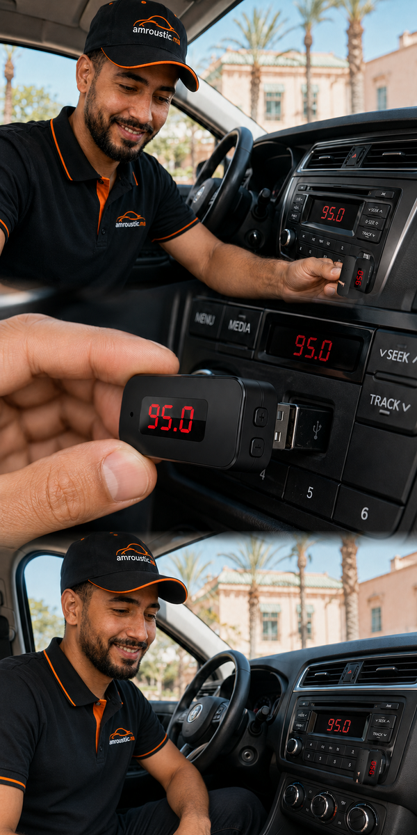 Chauffeur Amroustic utilisant l’adaptateur Bluetooth M10 branché sur le poste radio