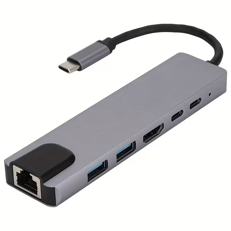 موزع USB-C متعدد المنافذ 6 في 1 مع HDMI 4K و USB 3.0 و Ethernet RJ45 وشحن PD