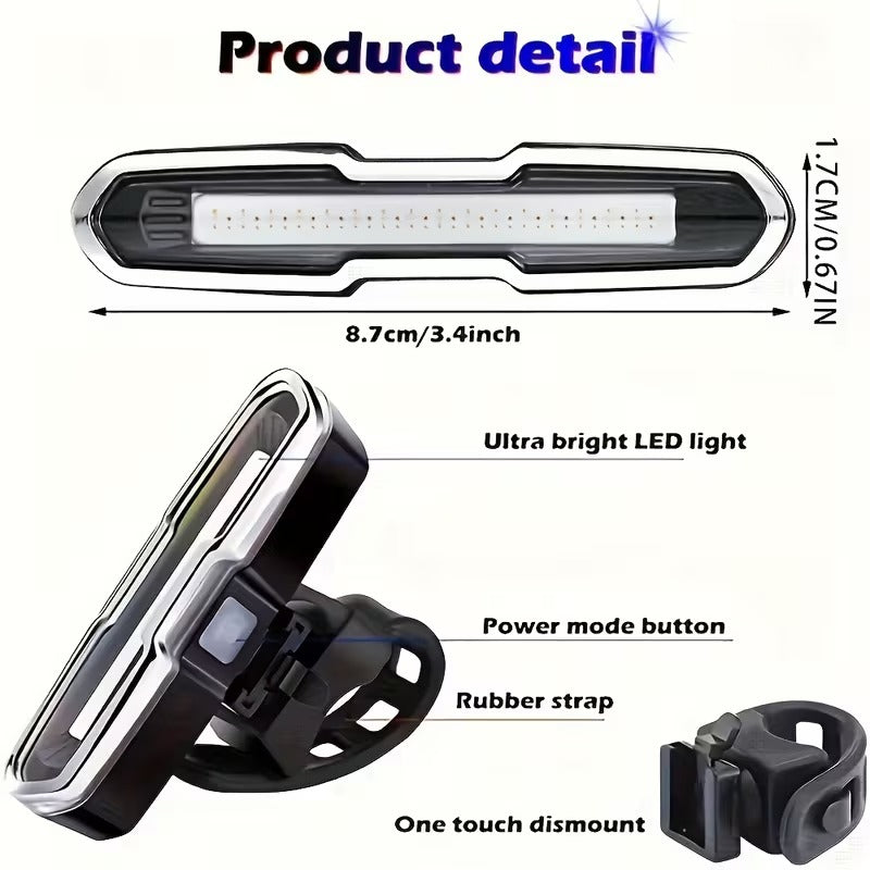 Feu Arriere de Velo LED COB Rechargeable USB 3 Couleurs
