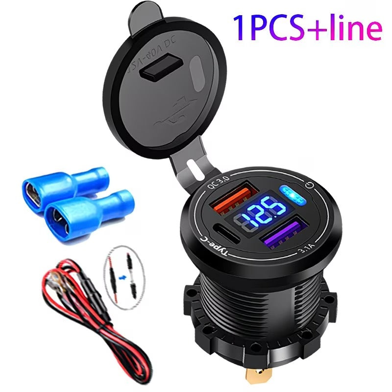 شاحن USB مدمج 12V-40V مع مقياس الفولت، تايب سي، QC 3.0 ومفتاح تشغيل للسيارة، الدراجة النارية، الشاحنة والقارب