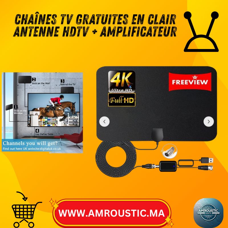 Antenne TV Numérique HDTV 4K (Compatible) avec Amplificateur de Signal – Chaînes Gratuites – USB Plug & Play (Smart TV / PC / Tablette)