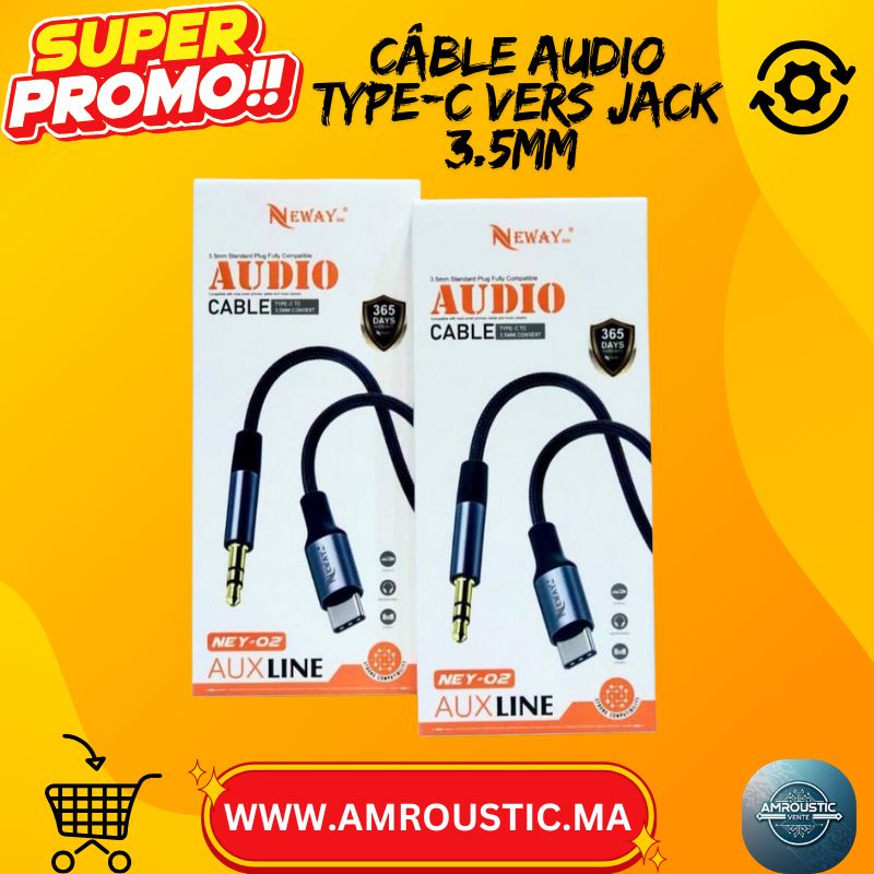 كابل صوت NEWAY NEY-02 من النوع C إلى مقبس 3.5 ملم (خط AUX) - للسيارة وسماعات الرأس
