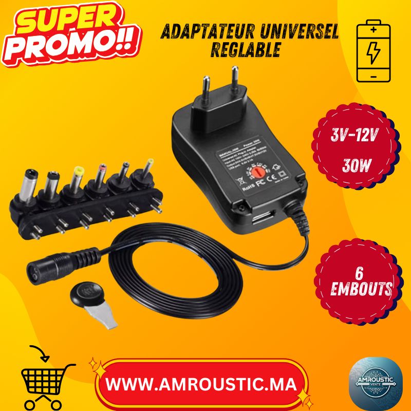 Adaptateur Secteur Universel Réglable 30W (3V–12V) + USB 5V 2.1A – Multi-Embouts (EU)