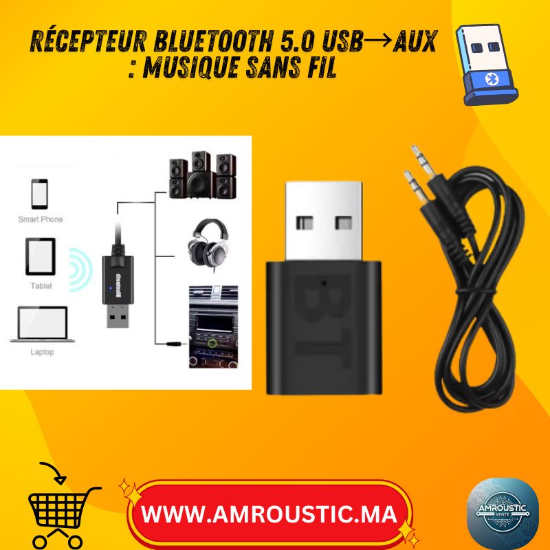 Récepteur Bluetooth 5.0 USB vers AUX 3.5mm – Adaptateur Audio Voiture (Autoradio/Enceinte)