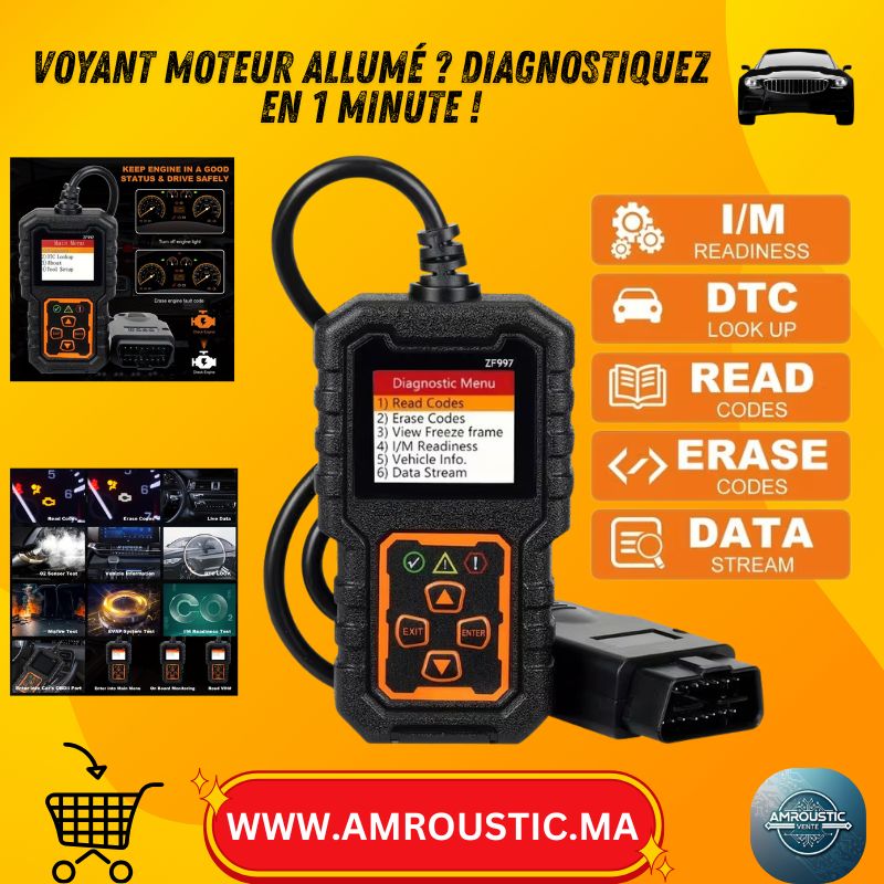جهاز فحص OBD2 ZF997 - قارئ وممحاة أكواد المحرك (1996+) - بيانات في الوقت الفعلي، رقم تعريف المركبة (VIN)، جاهزية نظام الفحص والاختبار (I/M)