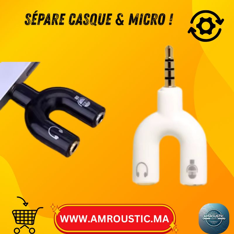 Adaptateur Jack 3.5mm en Y – Séparateur Casque & Micro (TRRS vers 2x TRS)