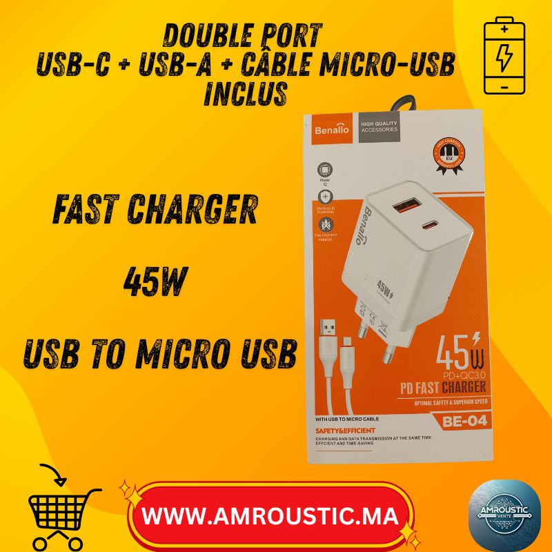 Chargeur Rapide Benallo 45W PD + QC3.0 (USB-C + USB-A) – Avec câble USB vers Micro-USB – BE-04 (Prise EU)
