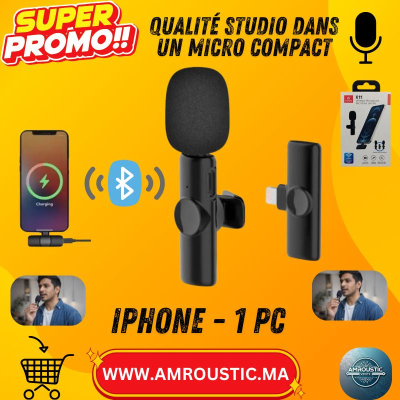 Microphone Sans Fil K11 pour iPhone – Plug & Play, Portée 20m, Vlog & Live 1 pc