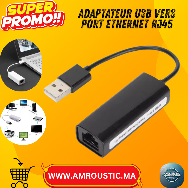 Adaptateur Réseau USB 2.0 vers RJ45 Ethernet 100 Mbps – Carte Réseau Externe pour PC & Laptop