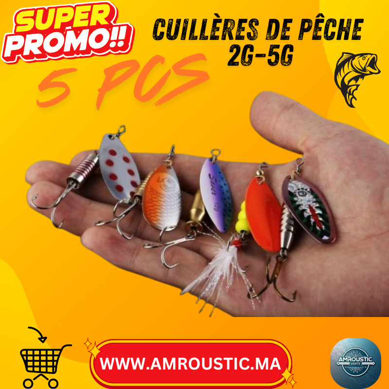 Lot de 5 Leurres Métal Spinners – Cuillères de Pêche 2g–5g, Couleurs Aléatoires, Idéal Brochet, Perche, Achigan