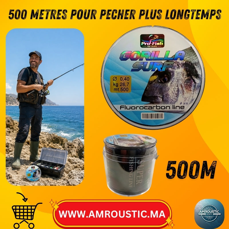 Fil de pêche fluorocarbone Pro Fish Gorilla Surf – 500 m, 0,40 mm, résistance 26,7 kg