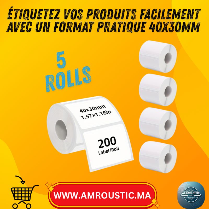 5 لفات ملصقات بيضاء 40x30 مم – 200 ملصق/لفة – متوافقة مع M110S/M200/M110/M220/M120/P50