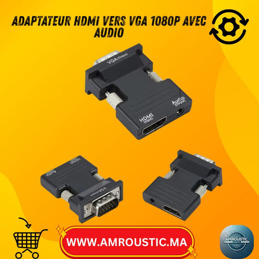 Adaptateur HDMI vers VGA 1080P avec sortie audio 3,5 mm pour PC portable, projecteur et moniteur