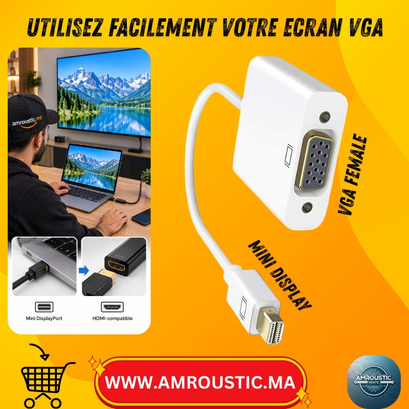 محول Mini DisplayPort إلى VGA بطول 25 سم - ذكر Mini DP إلى أنثى VGA