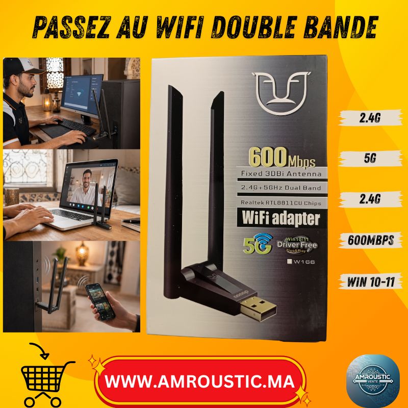 محول واي فاي USB مزدوج النطاق بسرعة 600 ميجابت في الثانية مع هوائي مزدوج – W166