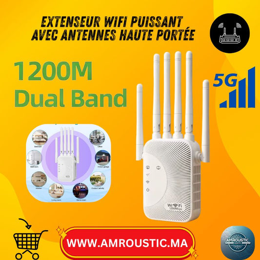 مضخم إشارة واي فاي ثنائي النطاق AC1200، مكرر شبكة 2.4 جيجا/5 جيجا، موسع نطاق مزود بـ 6 هوائيات ومنفذي RJ45