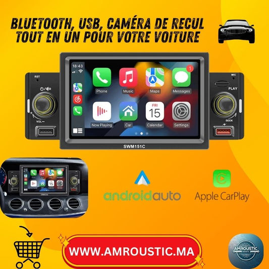 جهاز راديو سيارة 1 DIN MP5 بشاشة لمس 5 بوصات، مع Apple CarPlay و Android Auto سلكي