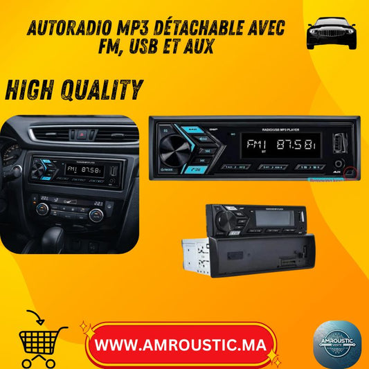 راديو سيارة MP3 أحادي DIN مع لوحة قابلة للفصل، راديو FM، منفذ USB، منفذ AUX وشاشة LED