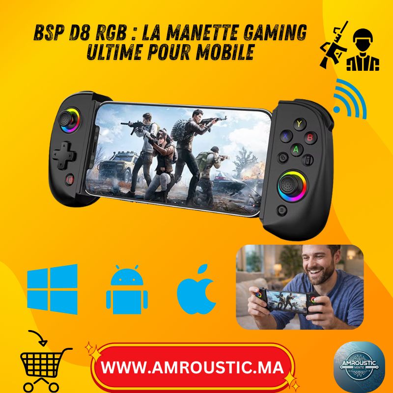 BSP D8 RGB – Manette de jeu Bluetooth extensible pour smartphone, tablette, Switch, PS3, PS4 et PC