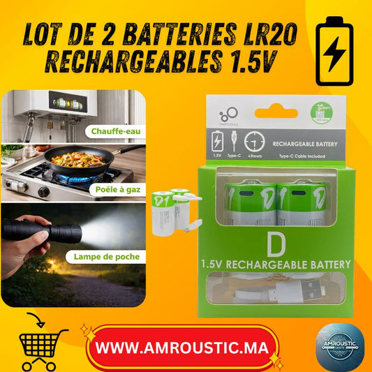 بطارية ليثيوم D LR20 قابلة لإعادة الشحن 1.5 فولت 12000 مللي وات في الساعة USB Type-C مع كابل - عبوة من 2