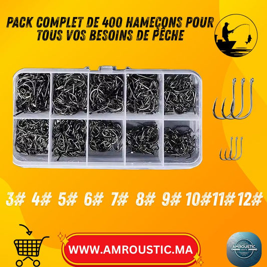 Boîte de 400 Hameçons de Pêche en Acier Carbone – 10 Tailles – Eau Douce & Eau Salée