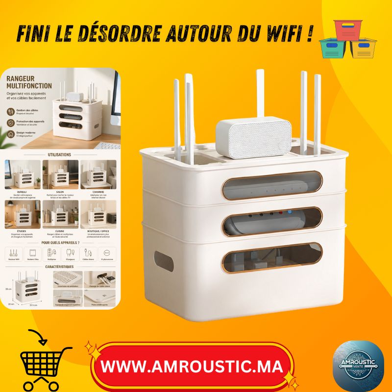 Boîte de Rangement Routeur WiFi avec Couvercle Transparent et Gestion des Câbles