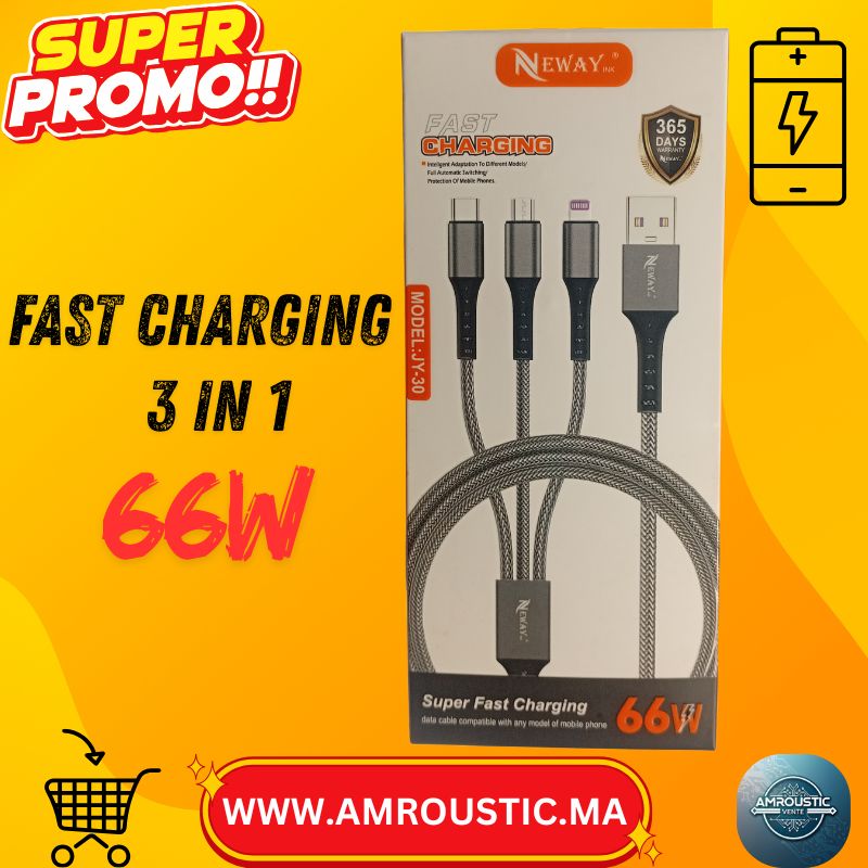 Câble 3-en-1 NEWAY 66W Fast Charging – USB vers Lightning, Type-C et Micro USB – Modèle JY-30 – Charge Rapide & Câble Tressé Ultra Durable