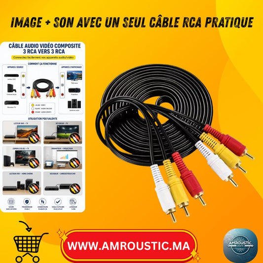 Câble Audio Vidéo Composite 3 RCA vers 3 RCA Mâle à Mâle – 1.45m