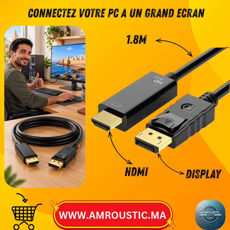Câble DisplayPort vers HDMI 4K – 1,8 m – Mâle/Mâle