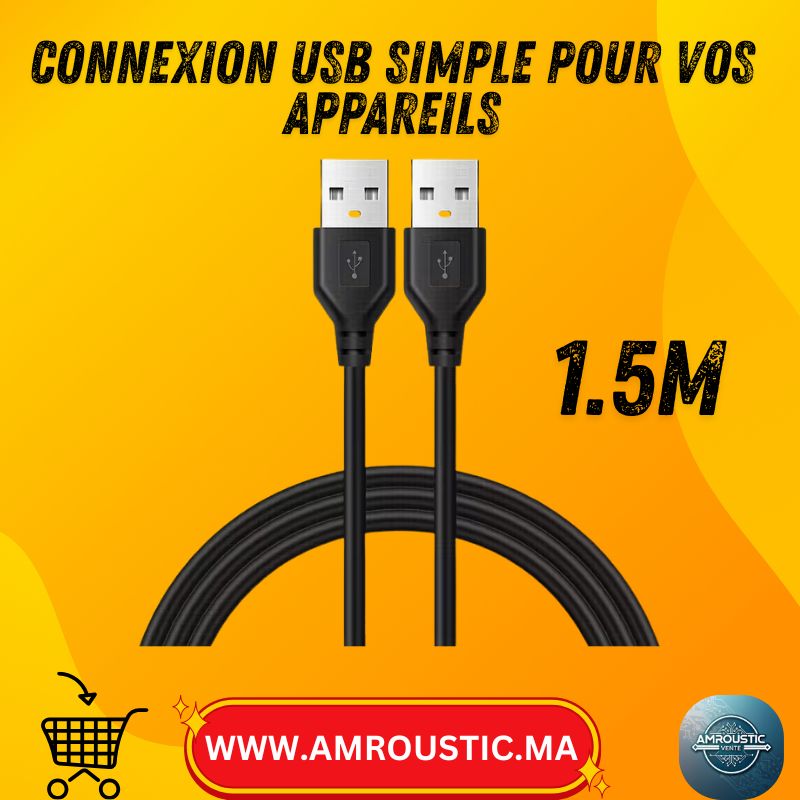 Câble USB Mâle à Mâle 1.5m USB 2.0 pour Données et Connexion Double USB