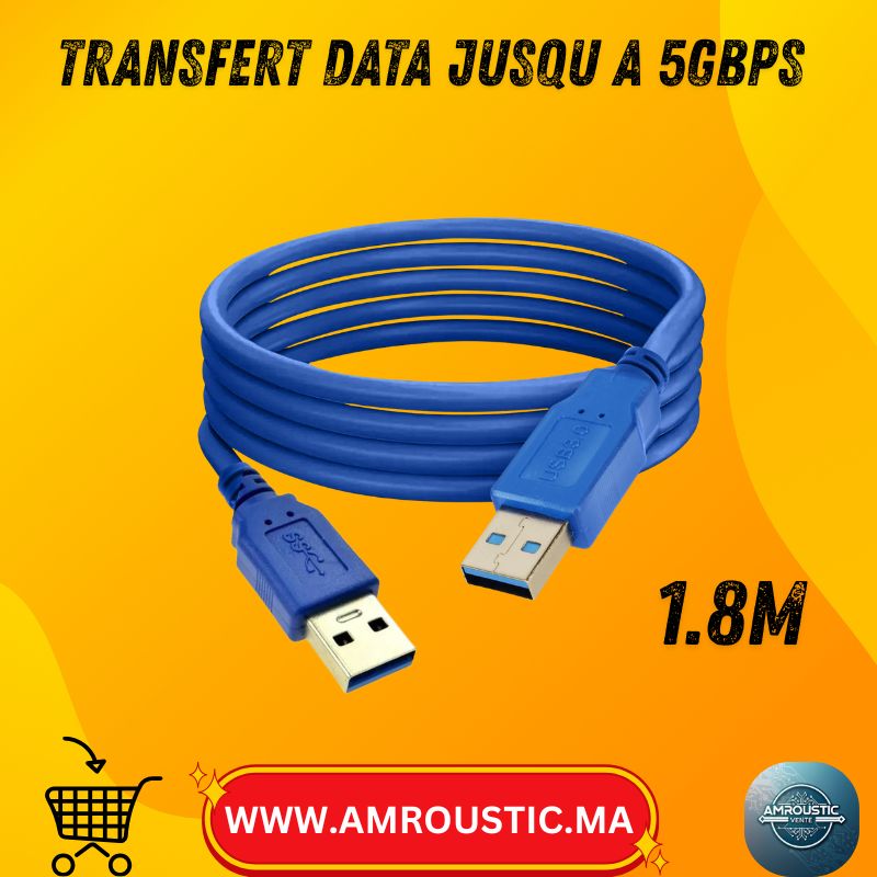 Cable USB 3.0 Type A Male a Male Bleu 1.8M SuperSpeed 5Gbps