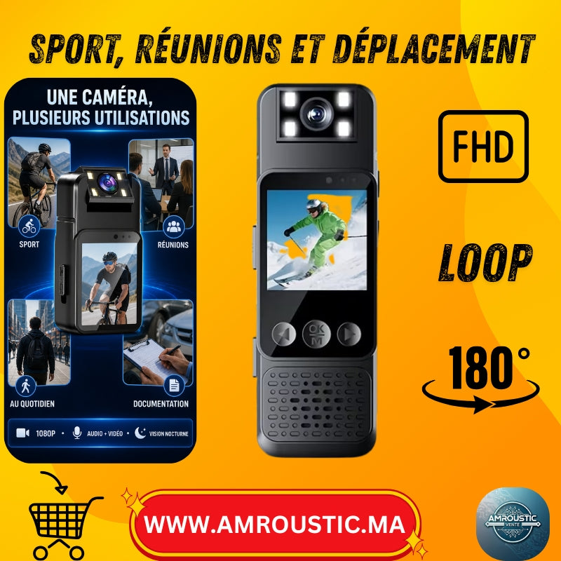 Caméra corporelle 1080P avec audio, objectif rotatif 180° et vision nocturne