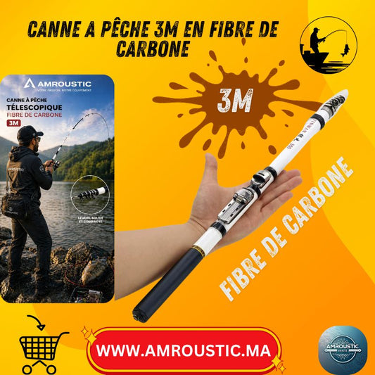 Canne à Pêche Télescopique en Fibre de Carbone 3M – Mini Canne de Voyage Spinning / Carpe