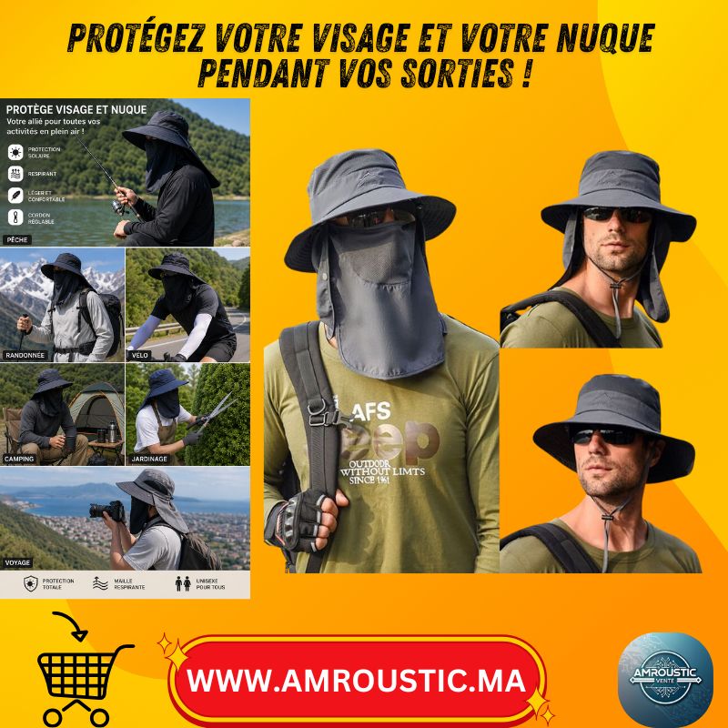 Chapeau d’Été Large Bord avec Protection Visage & Nuque – Vélo, Pêche, Randonnée