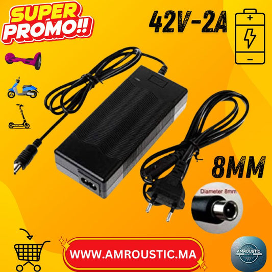 Chargeur 42V 2A pour Trottinette Électrique – Compatible Xiaomi M365 / Batteries Lithium 36V – Connecteur DC 8mm – Charge Rapide & Sécurisée