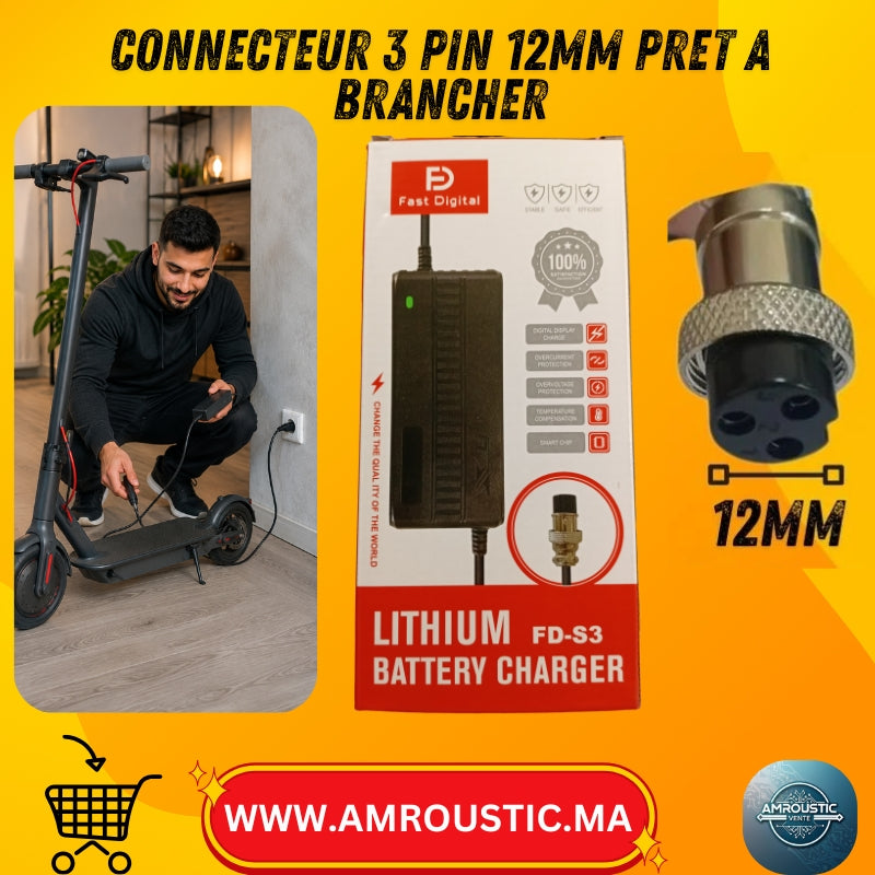 Chargeur Batterie Lithium 54.6V/2A ou  67.2V / 2A  FD-S3 avec Connecteur 3 Pin 12mm