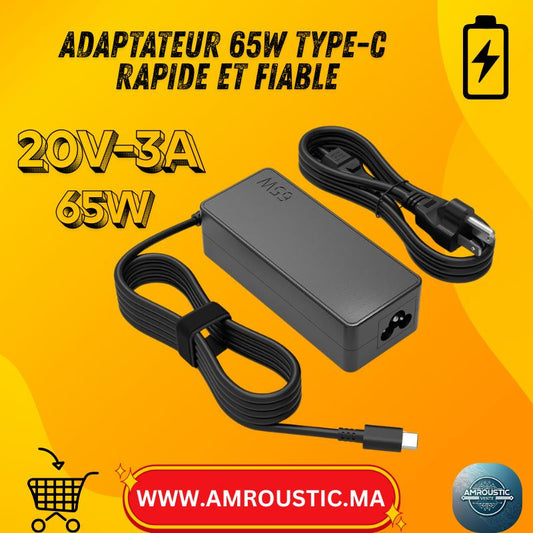 شاحن كمبيوتر محمول USB من النوع C بقوة 65 واط - محول طاقة سريع متوافق مع أجهزة Lenovo ThinkPad وHP وDell وASUS وAcer