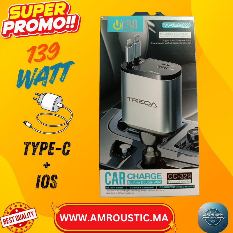 شاحن سيارة بقوة 139 واط | كابل مزدوج مدمج + منافذ USB و Type-C