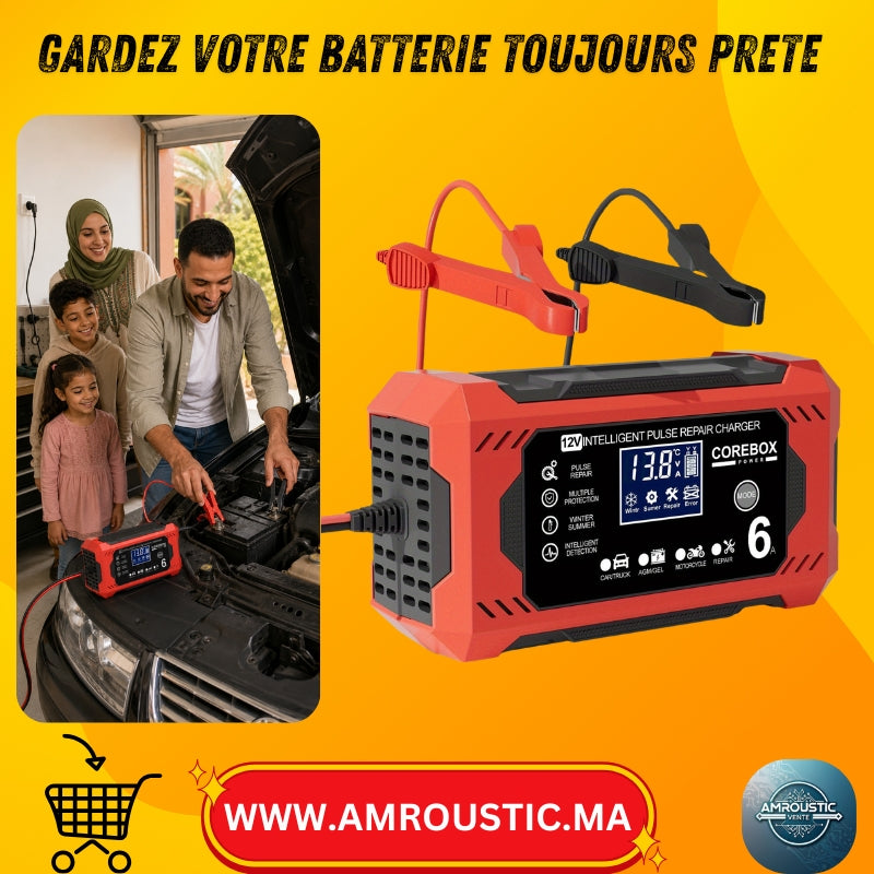 Chargeur de Batterie Intelligent COREBOX 12V 6A avec Écran LCD – Prise EU