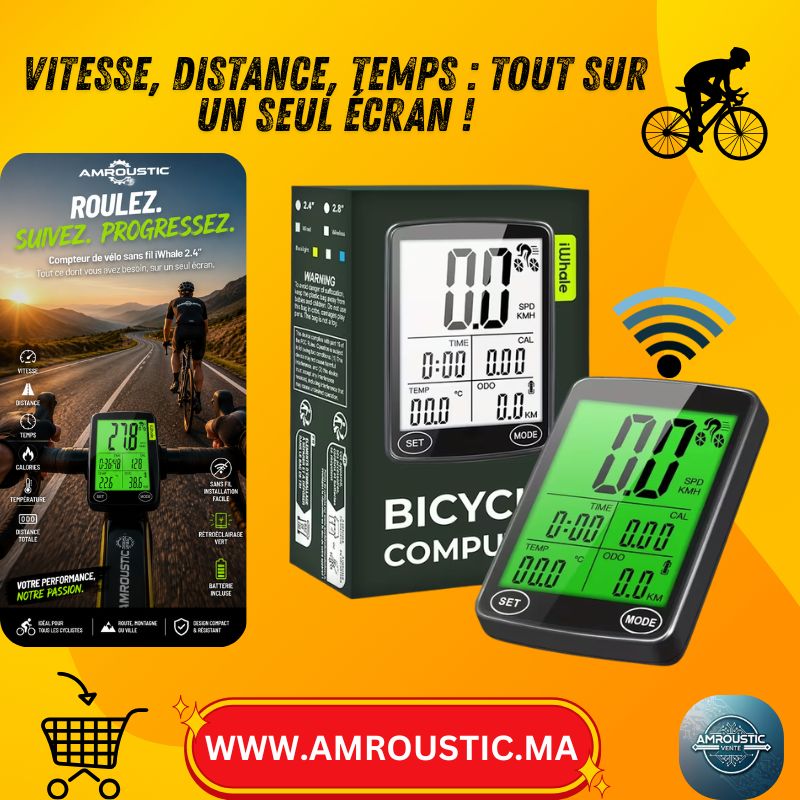 Compteur de Vélo Sans Fil iWhale 2.4” – Grand Écran avec Rétroéclairage Vert