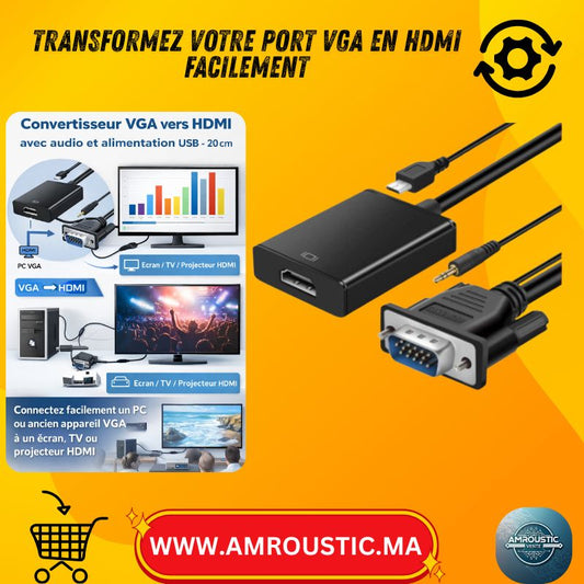 محول VGA إلى HDMI مع صوت 3.5 ملم وطاقة USB - 20 سم