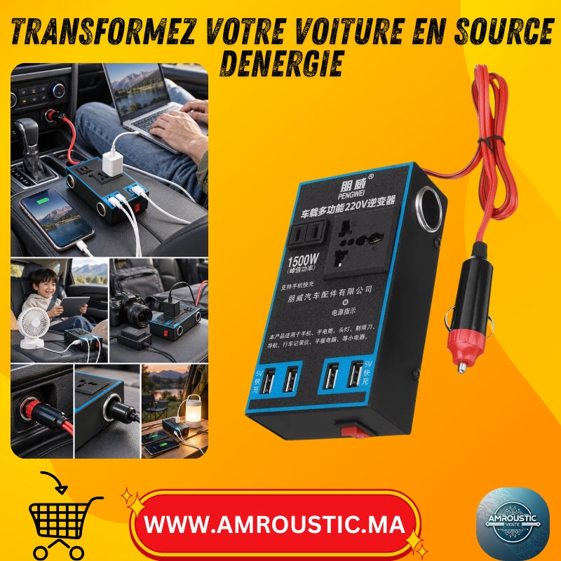 Convertisseur de courant voiture 1500W DC 12V/24V vers AC 220V – 4 USB + prise universelle + 2 ports allume-cigare