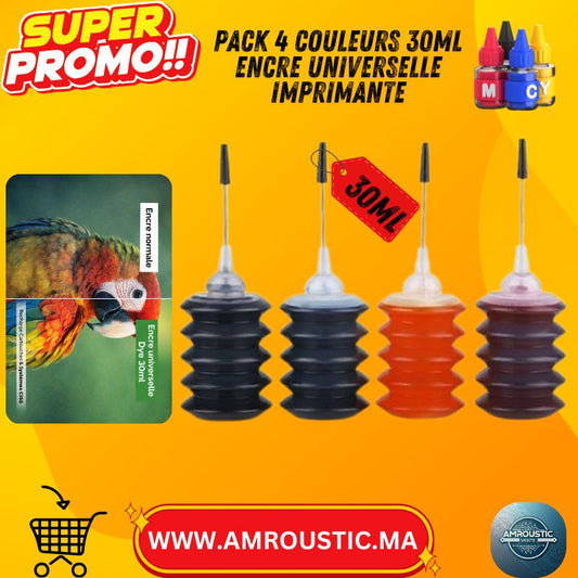 حبر صبغ عالمي (ملون) 30 مل - خرطوشة وعبوة إعادة تعبئة CISS (أسود / أزرق / أحمر / أصفر)