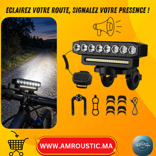 Feu avant vélo 8 LED + 20 SMD rechargeable USB avec klaxon – 6 modes